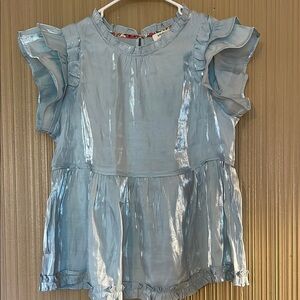 Shiny Light Blue Ruffle Sleeve Blouse